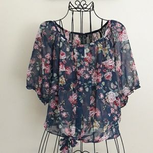 Adorable Sheer Blue Floral Blouse with Bow